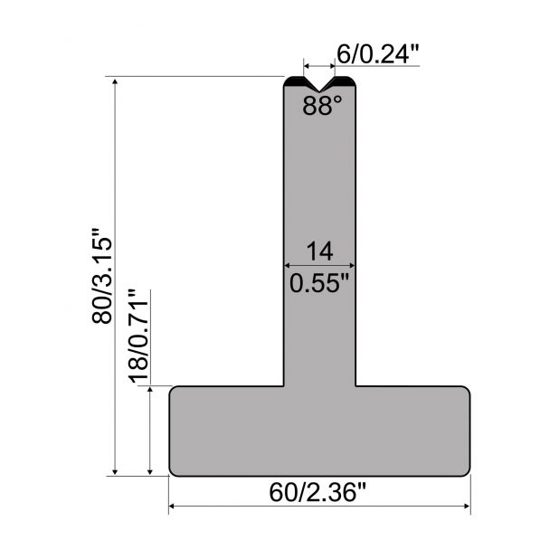 T-Matrize R1 mit Höhe=80mm, α=88°, Radius=2,75mm, Material=C45, Max. Presskraft=1000kN/m.