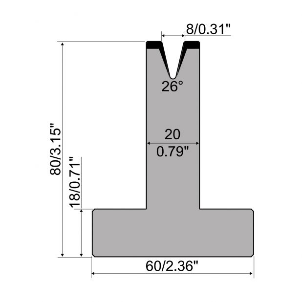 T-Matrize R1 mit Höhe=80mm, α=26°, Radius=1mm, Material=C45, Max. Presskraft=200kN/m.