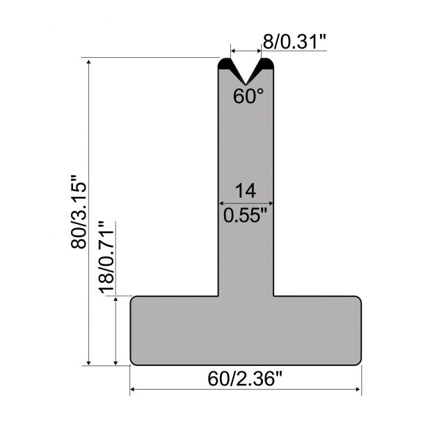 T-Matrize R1 mit Höhe=80mm, α=60°, Radius=1,5mm, Material=C45, Max. Presskraft=600kN/m.