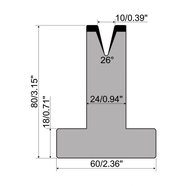 T-Matrize R1 mit Höhe=80mm, α=26°, Radius=1,2mm, Material=C45, Max. Presskraft=200kN/m.