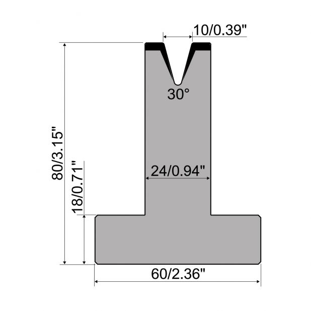 T-Matrize R1 mit Höhe=80mm, α=30°, Radius=1mm, Material=C45, Max. Presskraft=500kN/m.