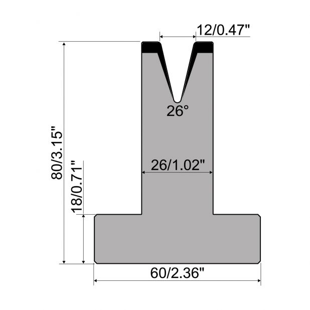 T-Matrize R1 mit Höhe=80mm, α=26°, Radius=1,6mm, Material=C45, Max. Presskraft=200kN/m.