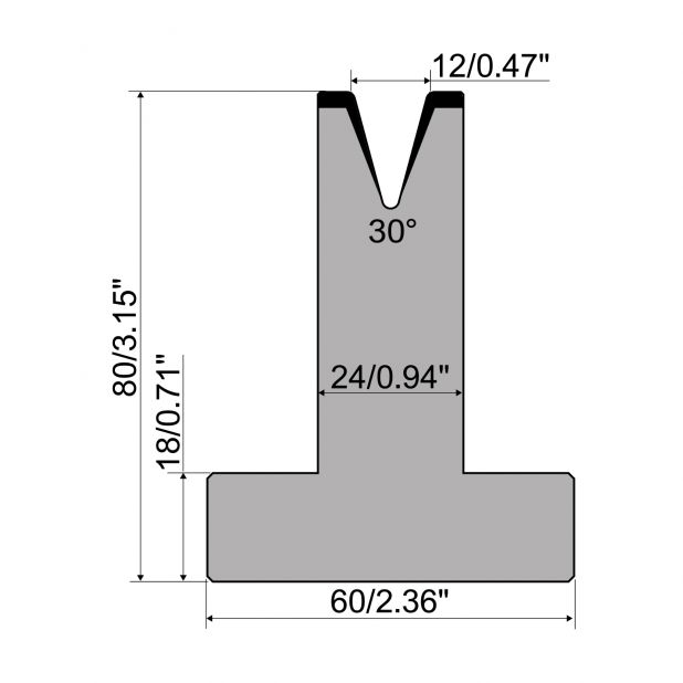 T-Matrize R1 mit Höhe=80mm, α=30°, Radius=1,5mm, Material=C45, Max. Presskraft=400kN/m.
