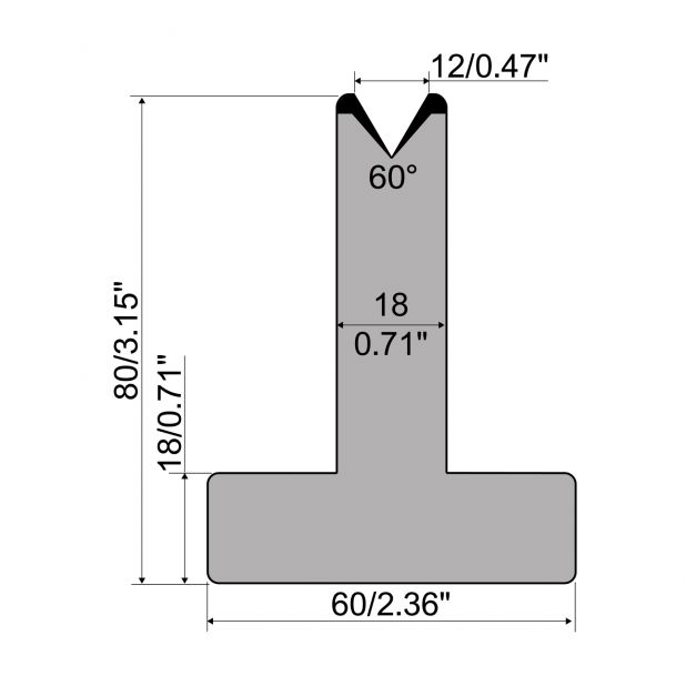 T-Matrize R1 mit Höhe=80mm, α=60°, Radius=2,75mm, Material=C45, Max. Presskraft=600kN/m.