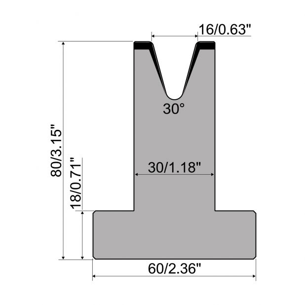 T-Matrize R1 mit Höhe=80mm, α=30°, Radius=2mm, Material=C45, Max. Presskraft=450kN/m.