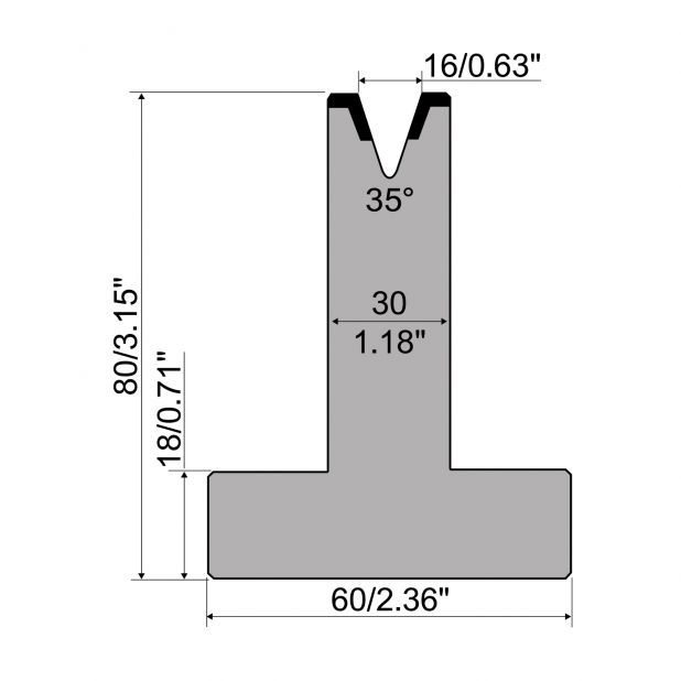 T-Matrize R1 mit Höhe=80mm, α=35°, Radius=3mm, Material=C45, Max. Presskraft=450kN/m.