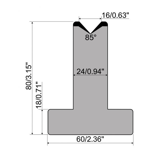 T-Matrize R1 mit Höhe=80mm, α=85°, Radius=2,75mm, Material=C45, Max. Presskraft=1000kN/m.