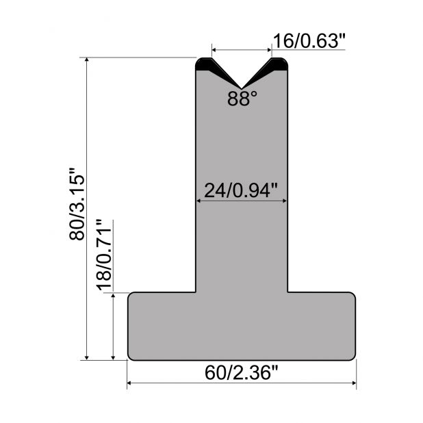 T-Matrize R1 mit Höhe=80mm, α=88°, Radius=2,75mm, Material=C45, Max. Presskraft=1000kN/m.