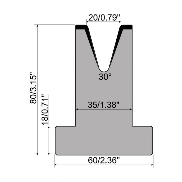 T-Matrize R1 mit Höhe=80mm, α=30°, Radius=2,5mm, Material=C45, Max. Presskraft=500kN/m.
