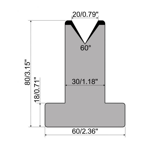 T-Matrize R1 mit Höhe=80mm, α=60°, Radius=3mm, Material=C45, Max. Presskraft=600kN/m.