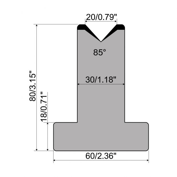 T-Matrize R1 mit Höhe=80mm, α=85°, Radius=3mm, Material=C45, Max. Presskraft=1000kN/m.