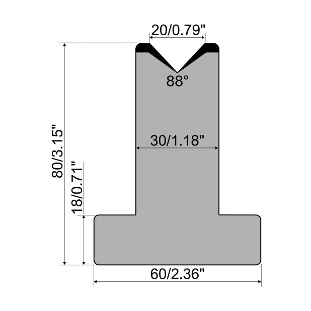 T-Matrize R1 mit Höhe=80mm, α=88°, Radius=3mm, Material=C45, Max. Presskraft=1000kN/m.