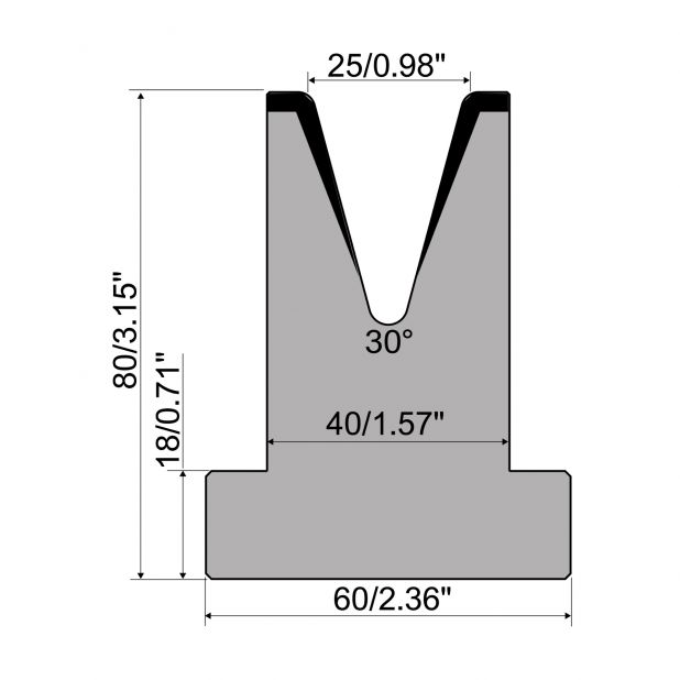 T-Matrize R1 mit Höhe=80mm, α=30°, Radius=3mm, Material=C45, Max. Presskraft=500kN/m.