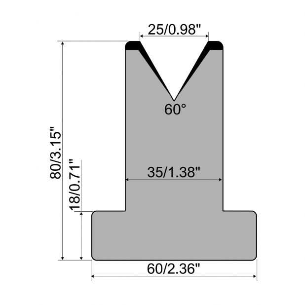T-Matrize R1 mit Höhe=80mm, α=60°, Radius=3mm, Material=C45, Max. Presskraft=600kN/m.