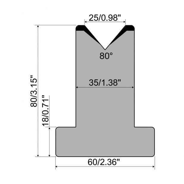 T-Matrize R1 mit Höhe=80mm, α=80°, Radius=3mm, Material=C45, Max. Presskraft=950kN/m.