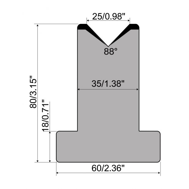 T-Matrize R1 mit Höhe=80mm, α=88°, Radius=3mm, Material=C45, Max. Presskraft=1000kN/m.