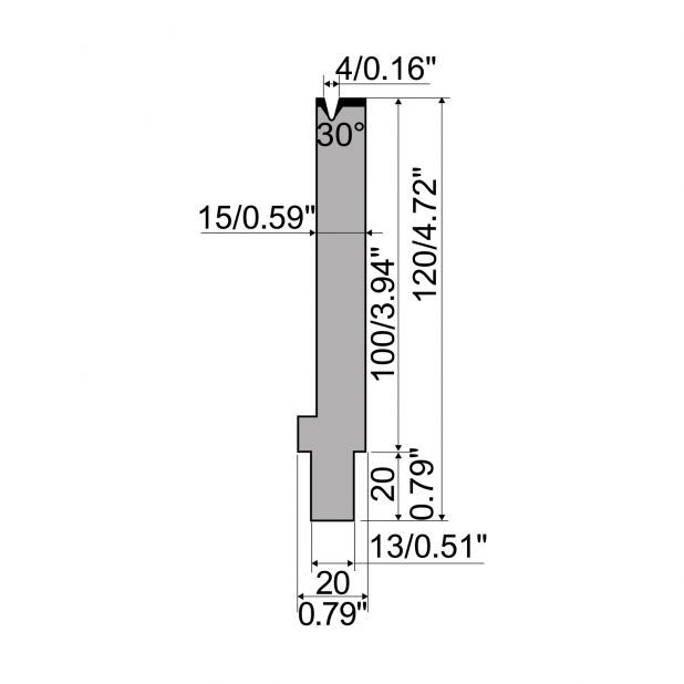 Matrize R2 mit Arbeitshöhe=100mm, α=30°, Radius=0,6mm, Material=42Cr, Max. Presskraft=150kN/m.