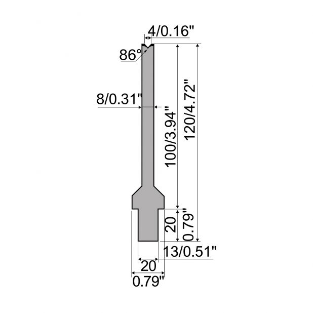 Matrize R2 mit Arbeitshöhe=100mm, α=86°, Radius=0,6mm, Material=42Cr, Max. Presskraft=250kN/m.