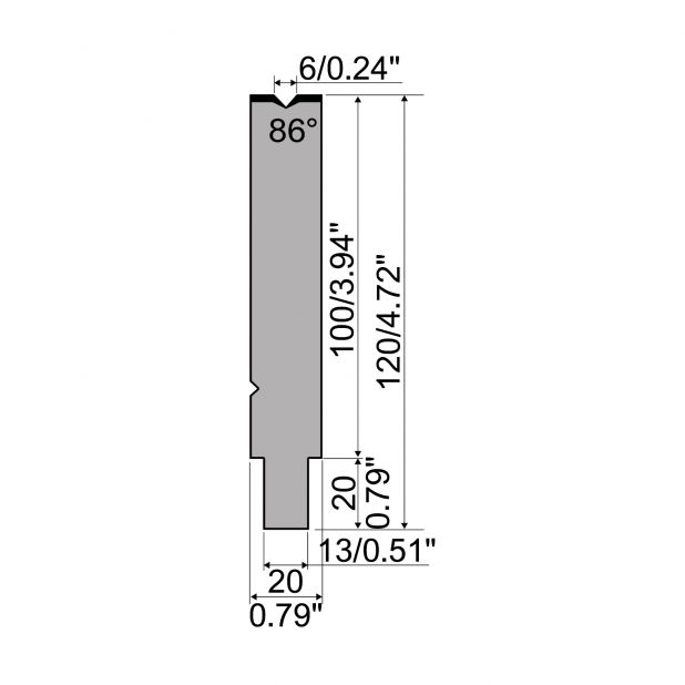 Matrize R2 mit Arbeitshöhe=100mm, α=86°, Radius=0,6mm, Material=42Cr, Max. Presskraft=1200kN/m.