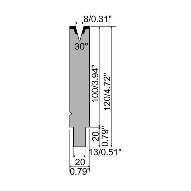 Matrize R2 mit Arbeitshöhe=100mm, α=30°, Radius=1mm, Material=42Cr, Max. Presskraft=400kN/m.