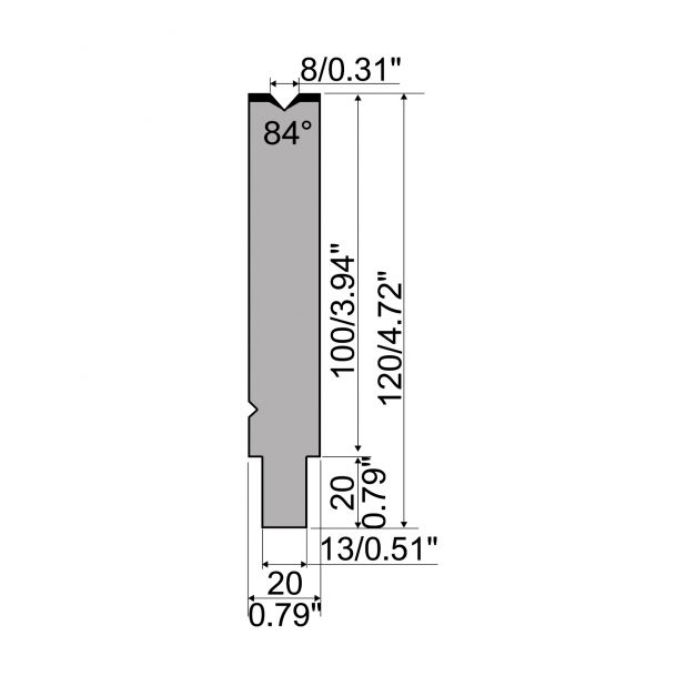 Matrize R2 mit Arbeitshöhe=100mm, α=84°, Radius=0,8mm, Material=42Cr, Max. Presskraft=1150kN/m.