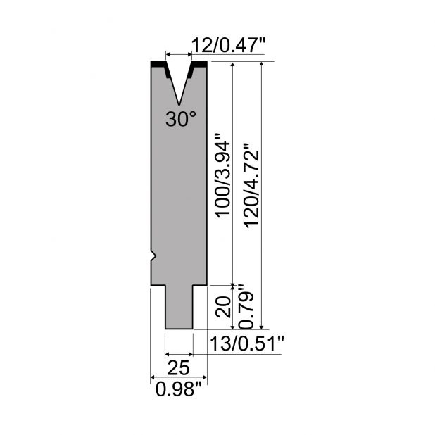 Matrize R2 mit Arbeitshöhe=100mm, α=30°, Radius=1mm, Material=42Cr, Max. Presskraft=400kN/m.