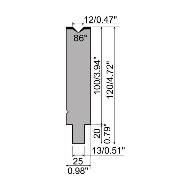 Matrize R2 mit Arbeitshöhe=100mm, α=86°, Radius=1mm, Material=42Cr, Max. Presskraft=1200kN/m.