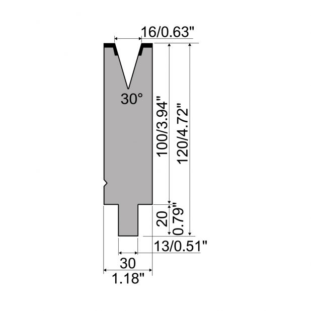 Matrize R2 mit Arbeitshöhe=100mm, α=30°, Radius=1,6mm, Material=42Cr, Max. Presskraft=500kN/m.