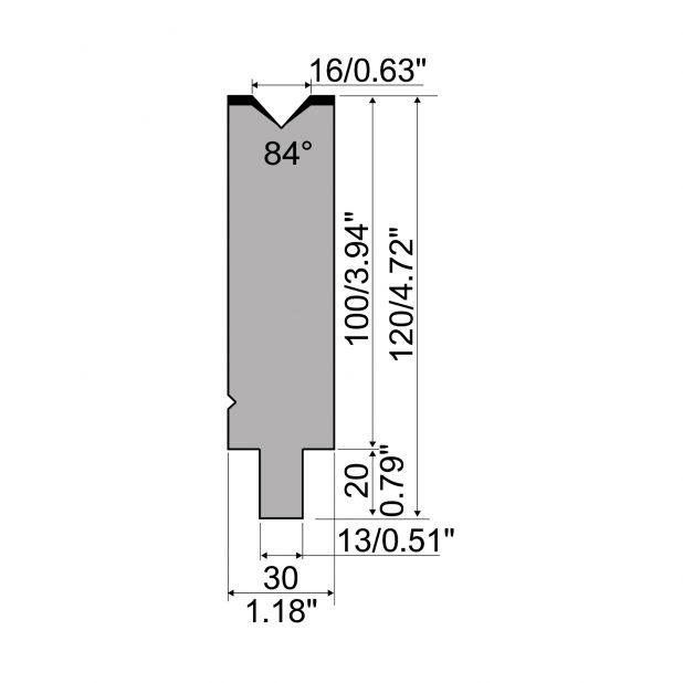 Matrize R2 mit Arbeitshöhe=100mm, α=84°, Radius=1,6mm, Material=42Cr, Max. Presskraft=1200kN/m.