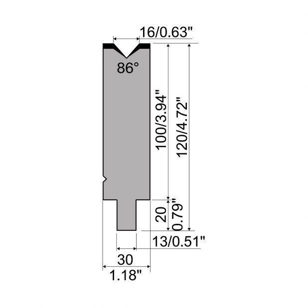 Matrize R2 mit Arbeitshöhe=100mm, α=86°, Radius=1,6mm, Material=42Cr, Max. Presskraft=1200kN/m.