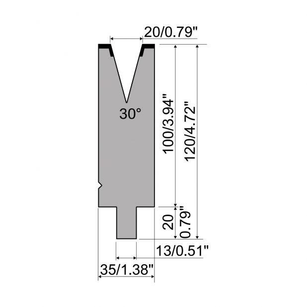 Matrize R2 mit Arbeitshöhe=100mm, α=30°, Radius=2mm, Material=42Cr, Max. Presskraft=600kN/m.