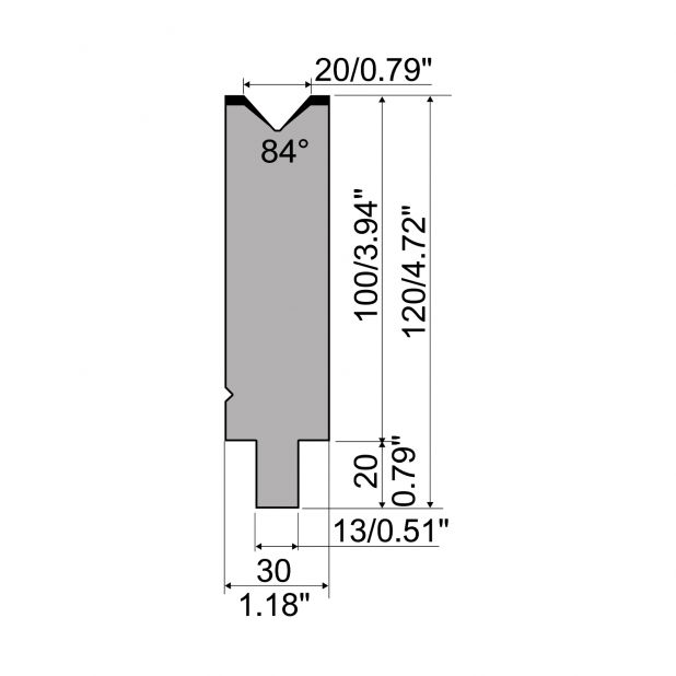 Matrize R2 mit Arbeitshöhe=100mm, α=84°, Radius=2mm, Material=42Cr, Max. Presskraft=1150kN/m.