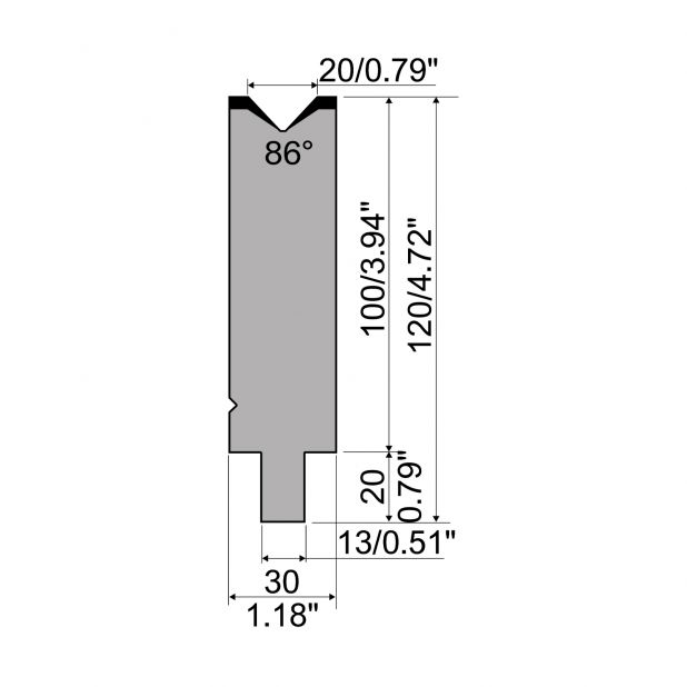 Matrize R2 mit Arbeitshöhe=100mm, α=86°, Radius=2mm, Material=42Cr, Max. Presskraft=1150kN/m.