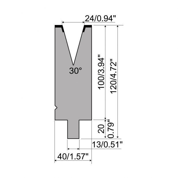 Matrize R2 mit Arbeitshöhe=100mm, α=30°, Radius=2,5mm, Material=42Cr, Max. Presskraft=650kN/m.