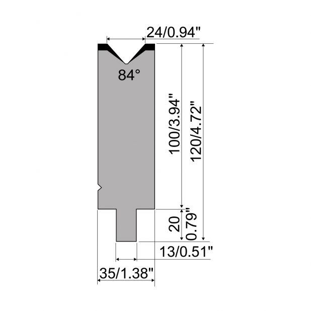 Matrize R2 mit Arbeitshöhe=100mm, α=84°, Radius=2,5mm, Material=42Cr, Max. Presskraft=1200kN/m.