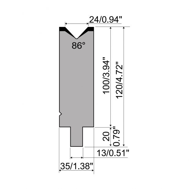 Matrize R2 mit Arbeitshöhe=100mm, α=86°, Radius=2,5mm, Material=42Cr, Max. Presskraft=1200kN/m.