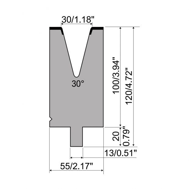 Matrize R2 mit Arbeitshöhe=100mm, α=30°, Radius=3mm, Material=42Cr, Max. Presskraft=900kN/m.