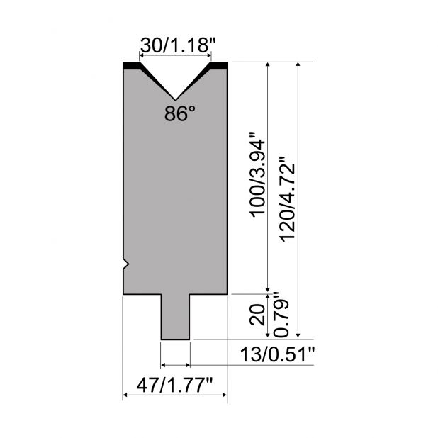 Matrize R2 mit Arbeitshöhe=100mm, α=86°, Radius=3mm, Material=42Cr, Max. Presskraft=1200kN/m.