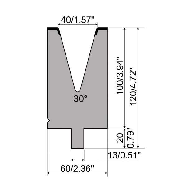 Matrize R2 mit Arbeitshöhe=100mm, α=30°, Radius=5mm, Material=42Cr, Max. Presskraft=900kN/m.