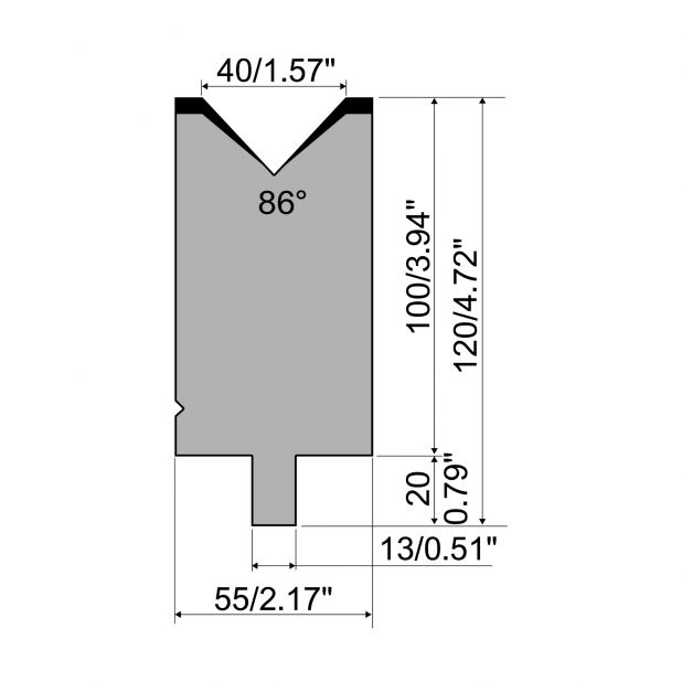 Matrize R2 mit Arbeitshöhe=100mm, α=86°, Radius=3mm, Material=42Cr, Max. Presskraft=1200kN/m.