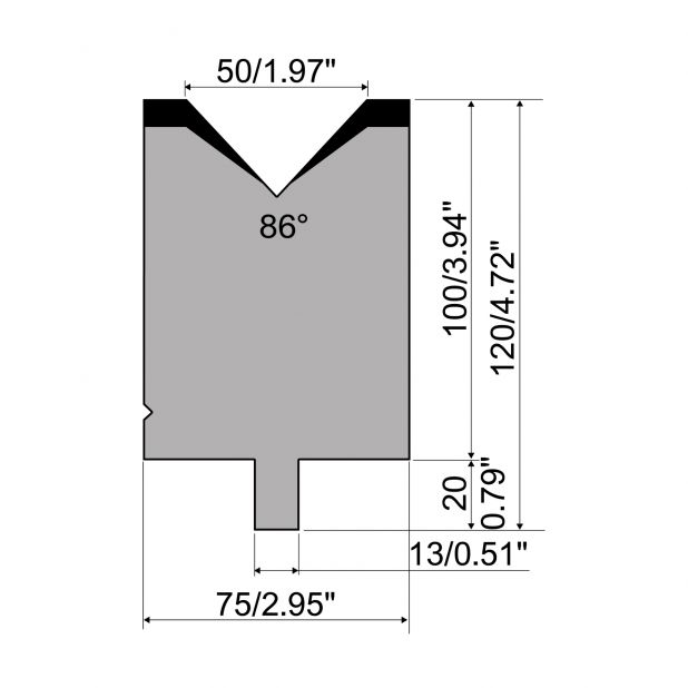 Matrize R2 mit Arbeitshöhe=100mm, α=86°, Radius=3mm, Material=42Cr, Max. Presskraft=1500kN/m.