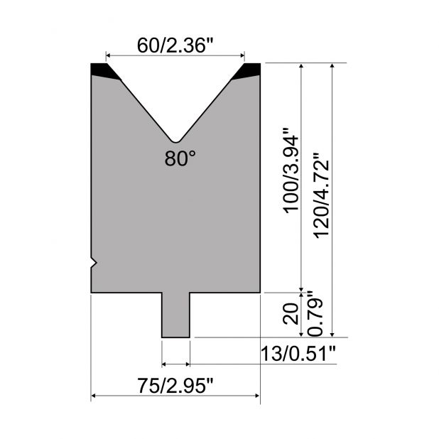 Matrize R2 mit Arbeitshöhe=100mm, α=80°, Radius=5mm, Material=42Cr, Max. Presskraft=1500kN/m.