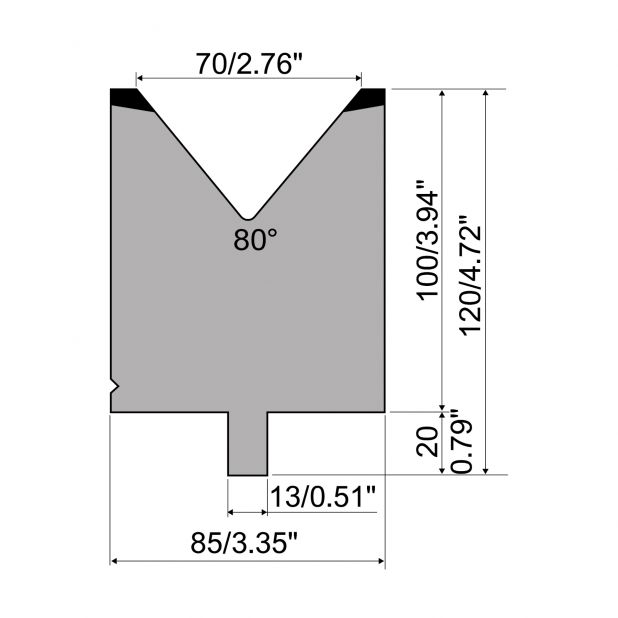 Matrize R2 mit Arbeitshöhe=100mm, α=80°, Radius=5mm, Material=42Cr, Max. Presskraft=1500kN/m.