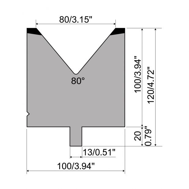 Matrize R2 mit Arbeitshöhe=100mm, α=80°, Radius=5mm, Material=42Cr, Max. Presskraft=1500kN/m.