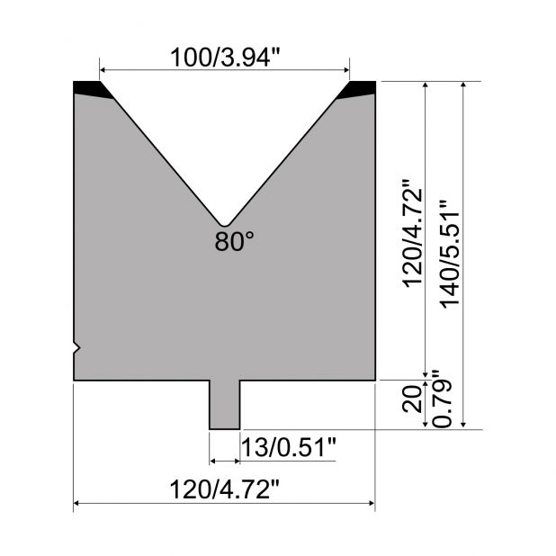 Matrize R2 mit Arbeitshöhe=120mm, α=80°, Radius=8mm, Material=42Cr, Max. Presskraft=1500kN/m.