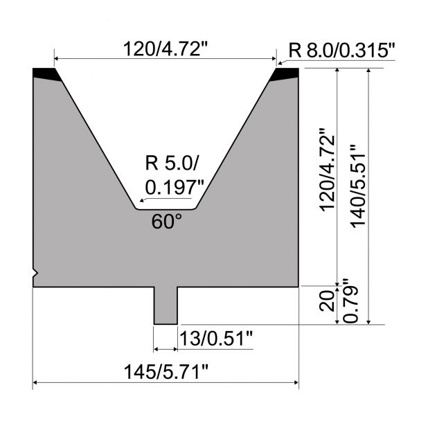 Matrize R2 mit Arbeitshöhe=120mm, α=60°, Radius=8mm, Material=42Cr, Max. Presskraft=1600kN/m.