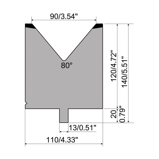 Matrize R2 mit Arbeitshöhe=120mm, α=80°, Radius=8mm, Material=42Cr, Max. Presskraft=1500kN/m.