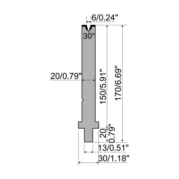 Matrize R2 mit Arbeitshöhe=150mm, α=30°, Radius=0,6mm, Material=42Cr, Max. Presskraft=400kN/m.