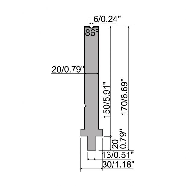 Matrize R2 mit Arbeitshöhe=150mm, α=86°, Radius=0,6mm, Material=42Cr, Max. Presskraft=400kN/m.