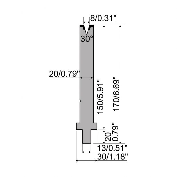 Matrize R2 mit Arbeitshöhe=150mm, α=30°, Radius=1mm, Material=42Cr, Max. Presskraft=400kN/m.